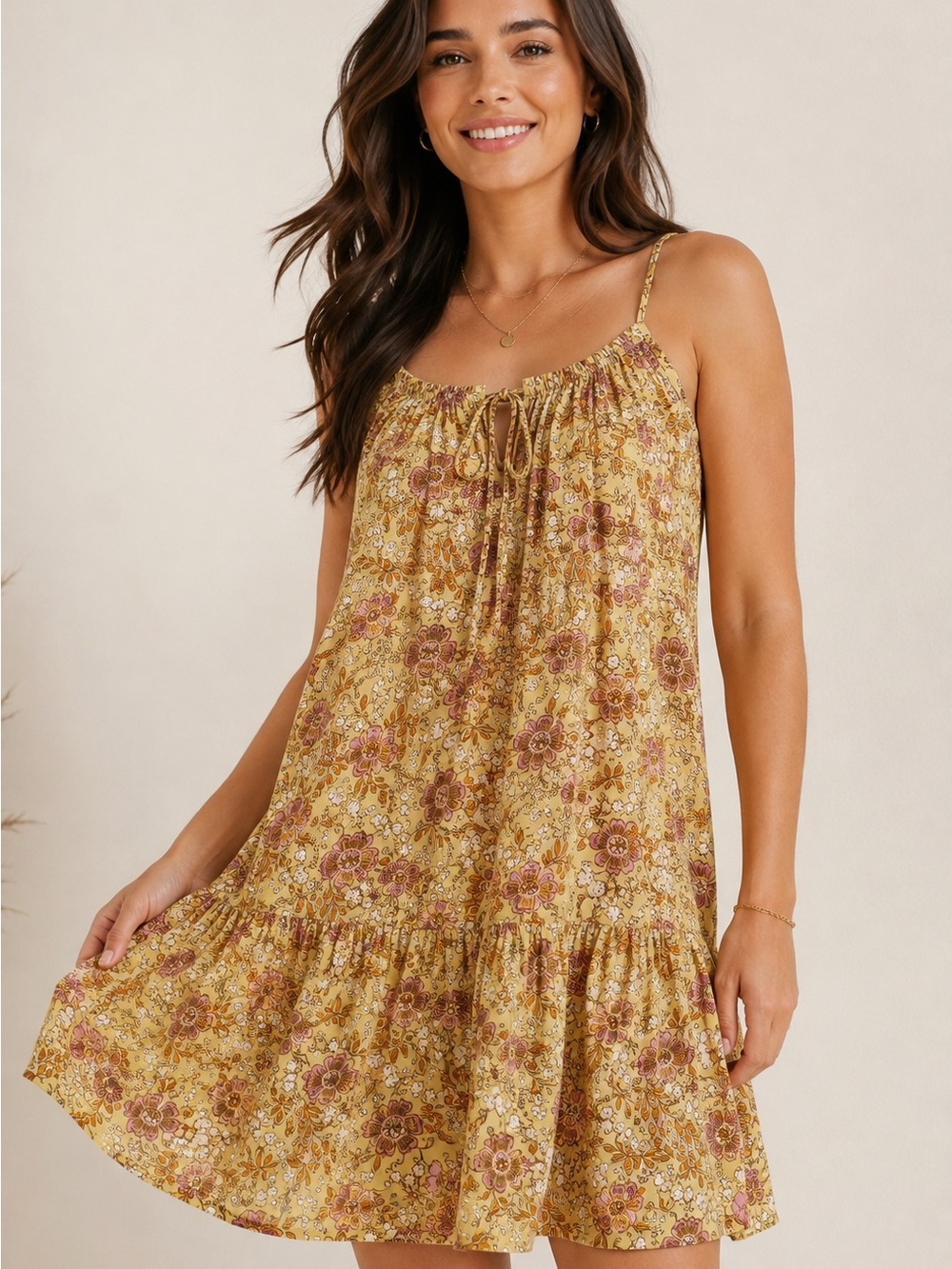 Old Navy XL Yellow Floral Boho Tiered Swing Mini Dress Tie Front